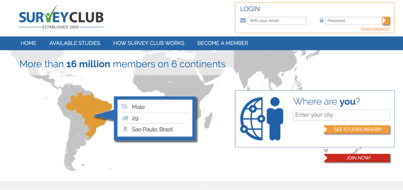 Captura de pantalla de la página de inicio de SurveyClub