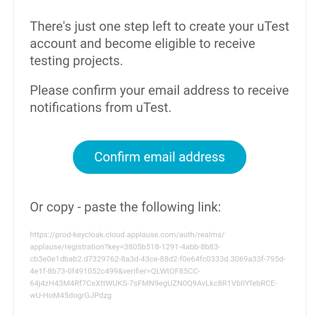 El formulario web de uTest para confirmar su dirección de correo electrónico