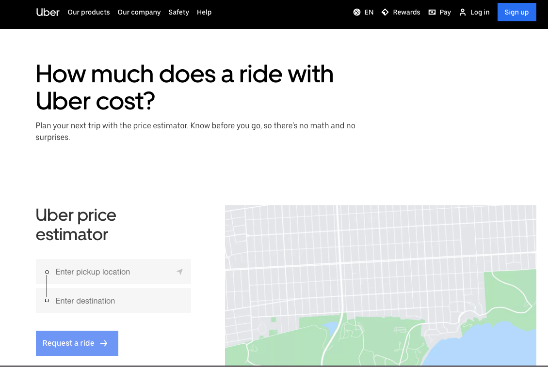 Uber  página de inicio de la calculadora de tarifas