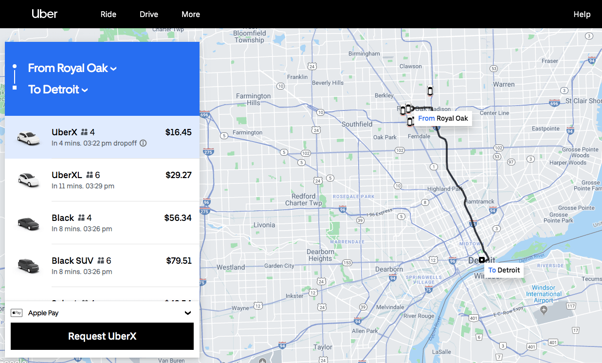 Solicite un viaje del Uber pantalla de calculadora de tarifas