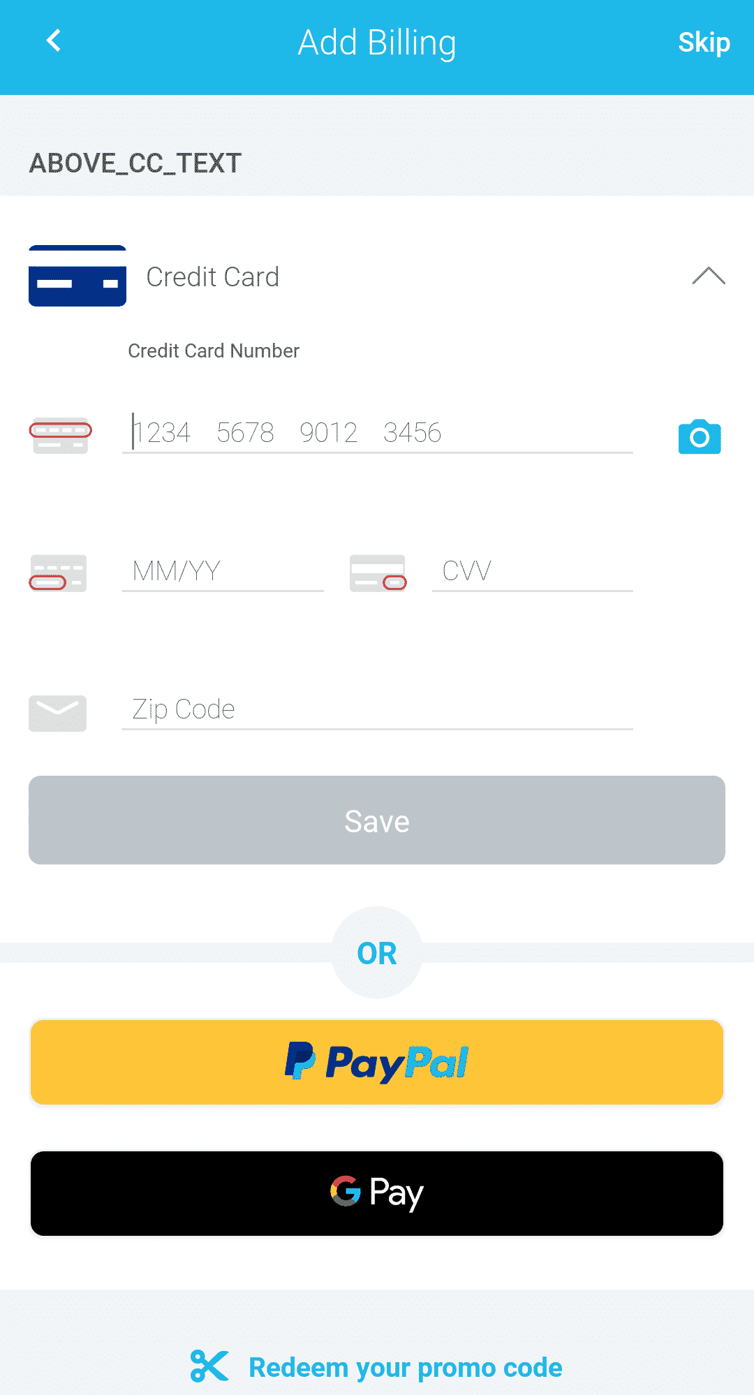 Ingresando los detalles de su tarjeta de crédito en la aplicación Via