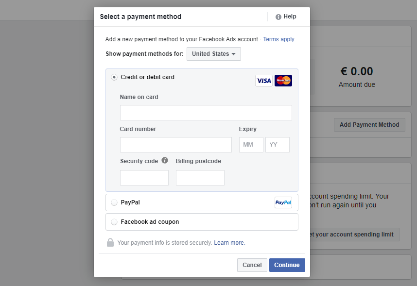 Seleccionar un método de pago de anuncios de Facebook
