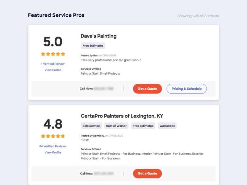 Resultados de LiveDirectory de HomeAdvisor con dos profesionales locales y sus calificaciones generales basadas en comentarios verificados de los clientes