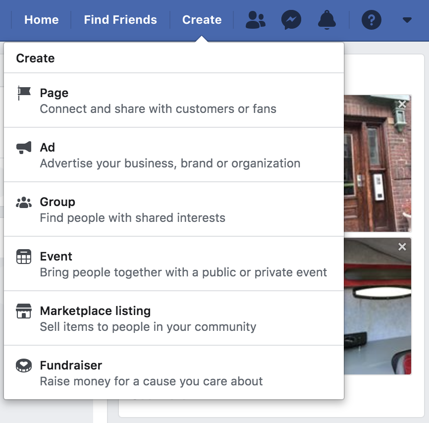 Cómo vender en Facebook: el "Crear" menú desplegable en Facebook