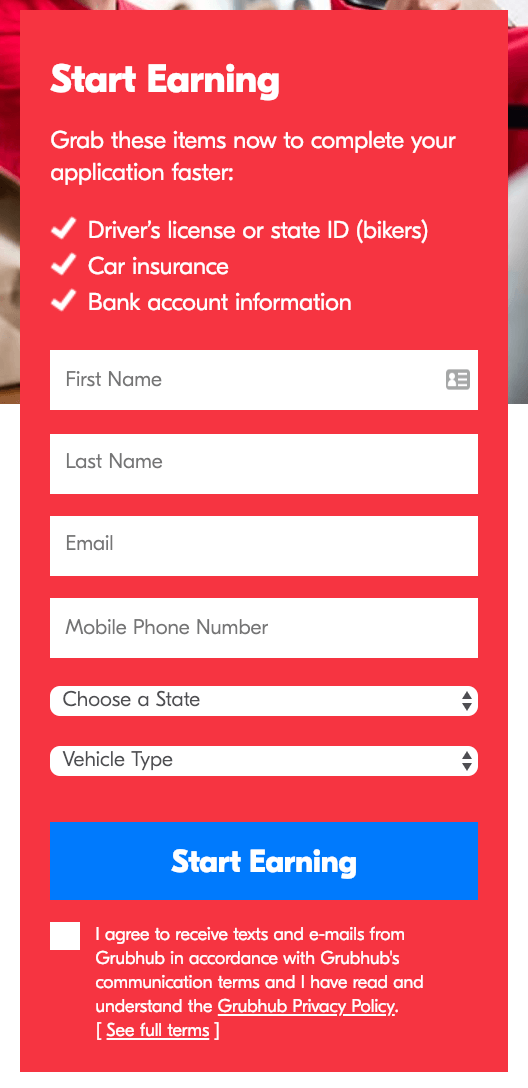 Grubhub Pay: pantalla de registro en el móvil - cuanto paga Grubhub