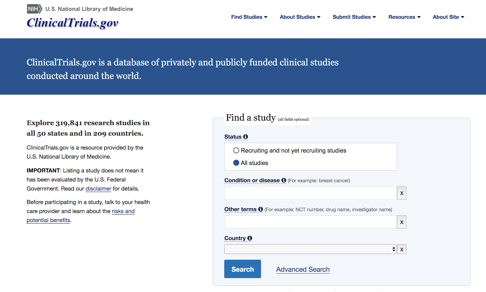 Página web de ensayos clínicos Clinicaltrials.gov