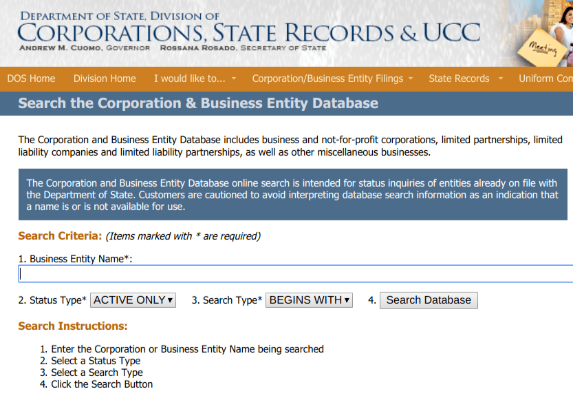 Artículos de incorporación: página web del estado de Nueva York para buscar nombres de corporaciones