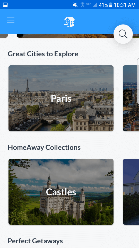 HomeAway App: Captura de pantalla de las opciones de búsqueda