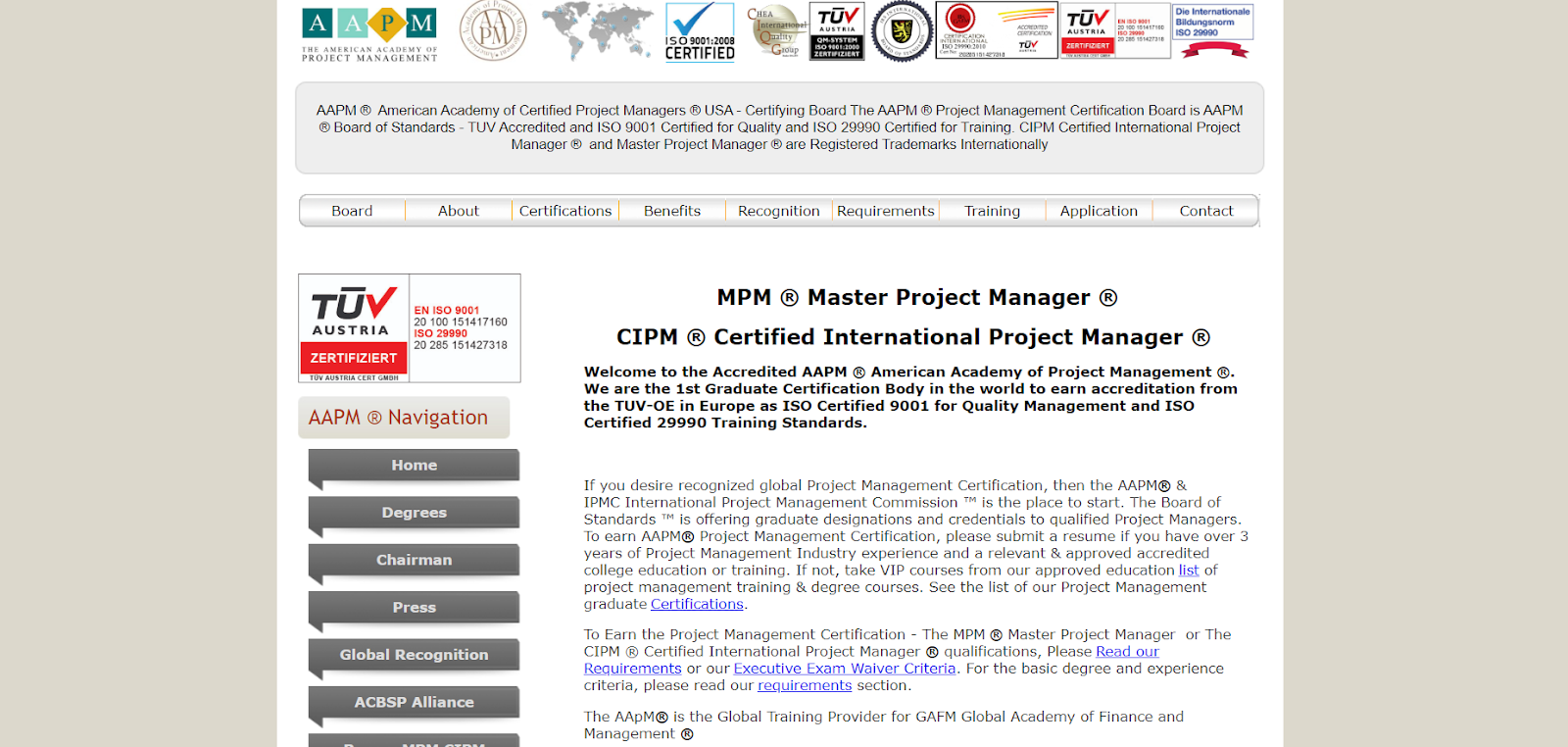 Captura de pantalla de los detalles de las certificaciones MPM y CIPM