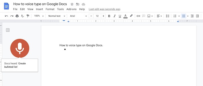 Voice Typing Google Docs Crear lista de viñetas