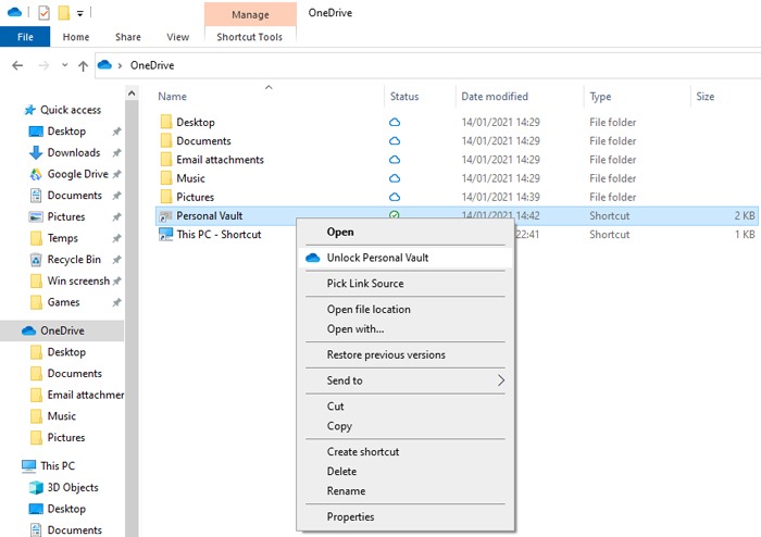 Configurar Onedrive Windows 10 Personal Vault