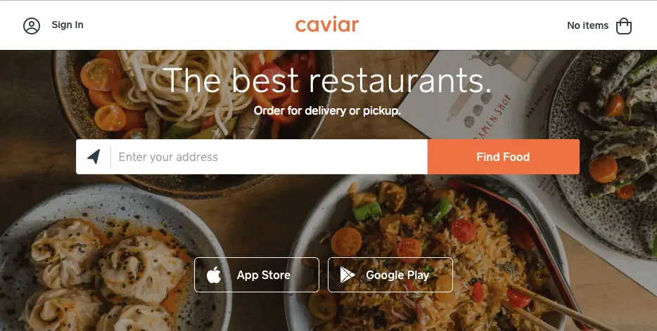 Captura de pantalla de la página de inicio de Caviar