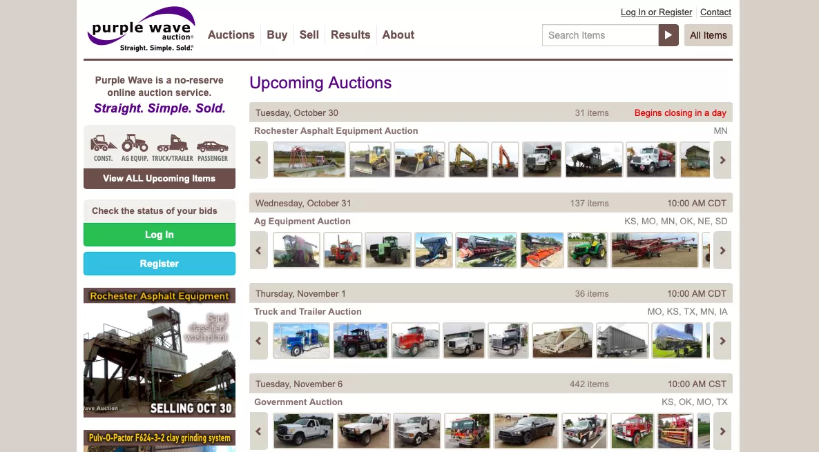 Captura de pantalla del sitio de subastas de automóviles en línea Purple Wave