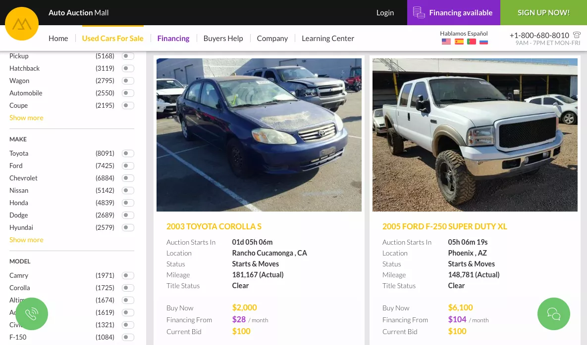 Captura de pantalla del sitio de subastas de automóviles en línea Auto Auction Mall