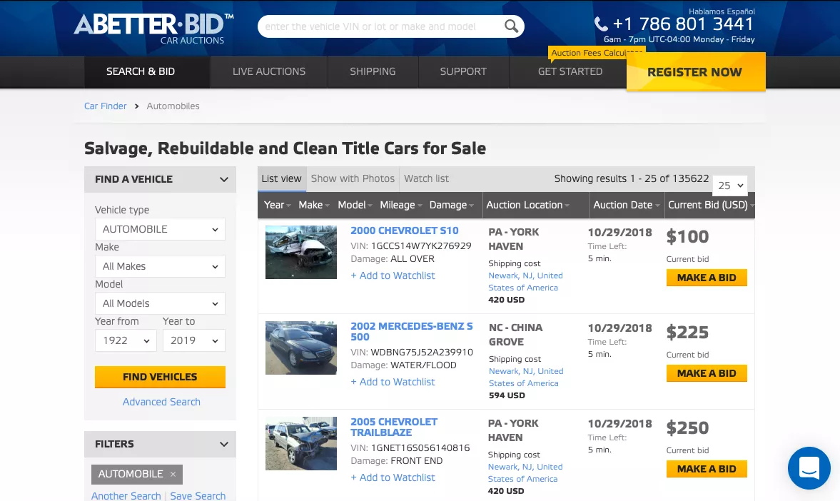 Captura de pantalla del sitio de subastas de coches en línea A Better Bid
