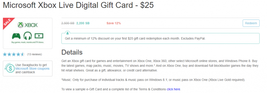Opciones de tarjetas de regalo de Xbox en Swagbucks