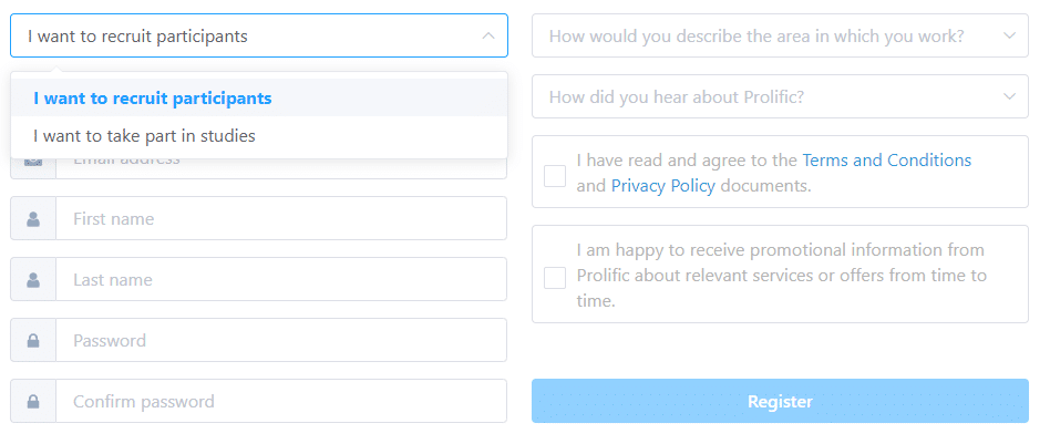 Formulario de registro Prolific