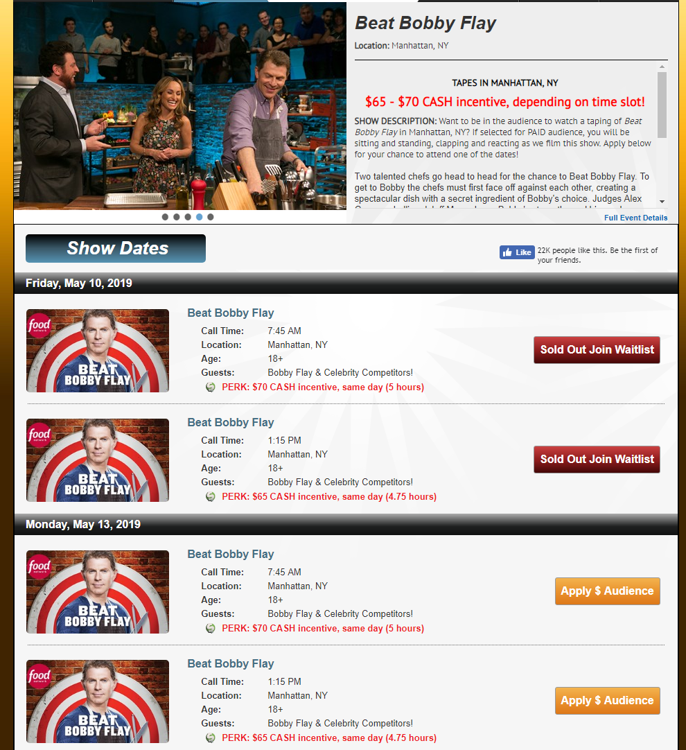 Detalles del pago por asistir a Beat Bobby Flay